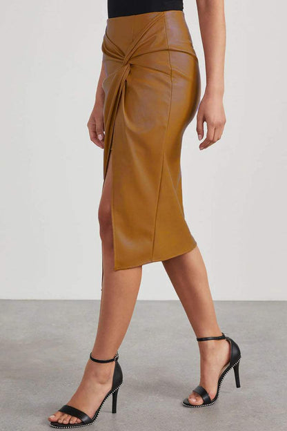 Women's High-Waisted Faux Leather Skirt - Asymmetric Wrap Design - Knotted Waist Midi