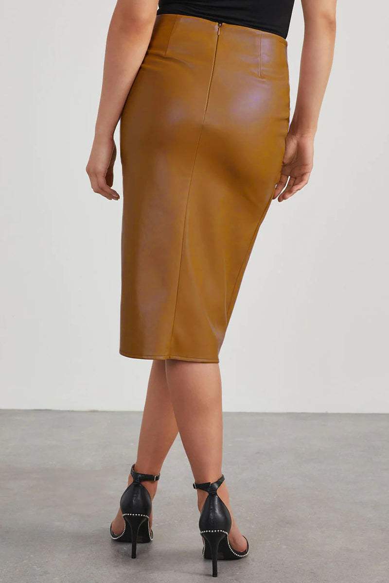 Women's High-Waisted Faux Leather Skirt - Asymmetric Wrap Design - Knotted Waist Midi