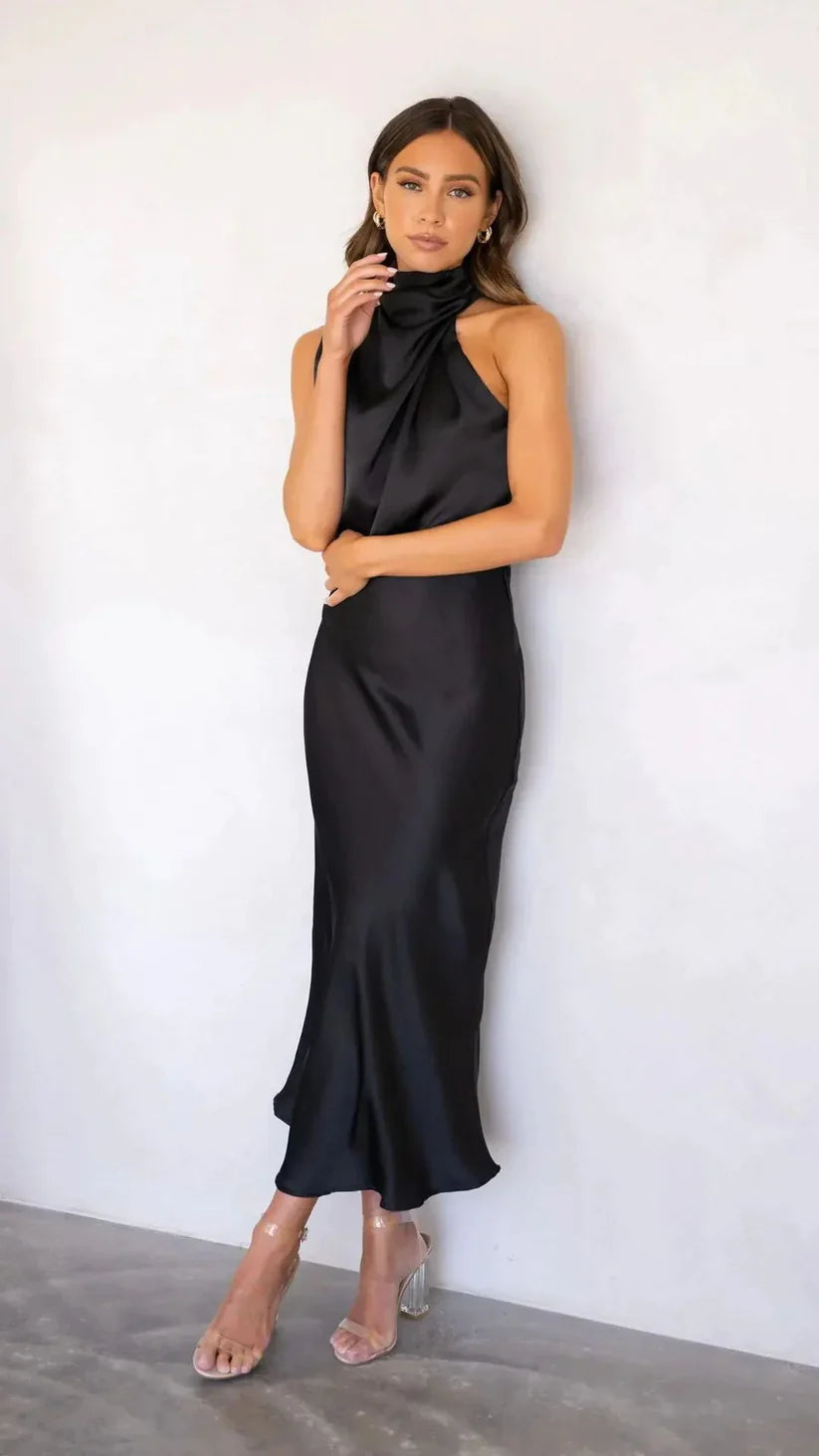 Women's Satin Midi Dress - One-Shoulder Draped Design - Fitted Waist Elegant Evening Wear