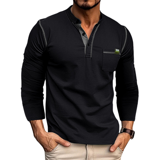 Men’s Henley Shirt - Long Sleeve - Tailored Fit - Buttoned Placket - Chest Pocket