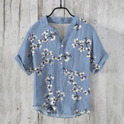 Men’s Casual Shirt – Relaxed Fit – Short Sleeve – Henley Neck – Artistic Cat Graphic