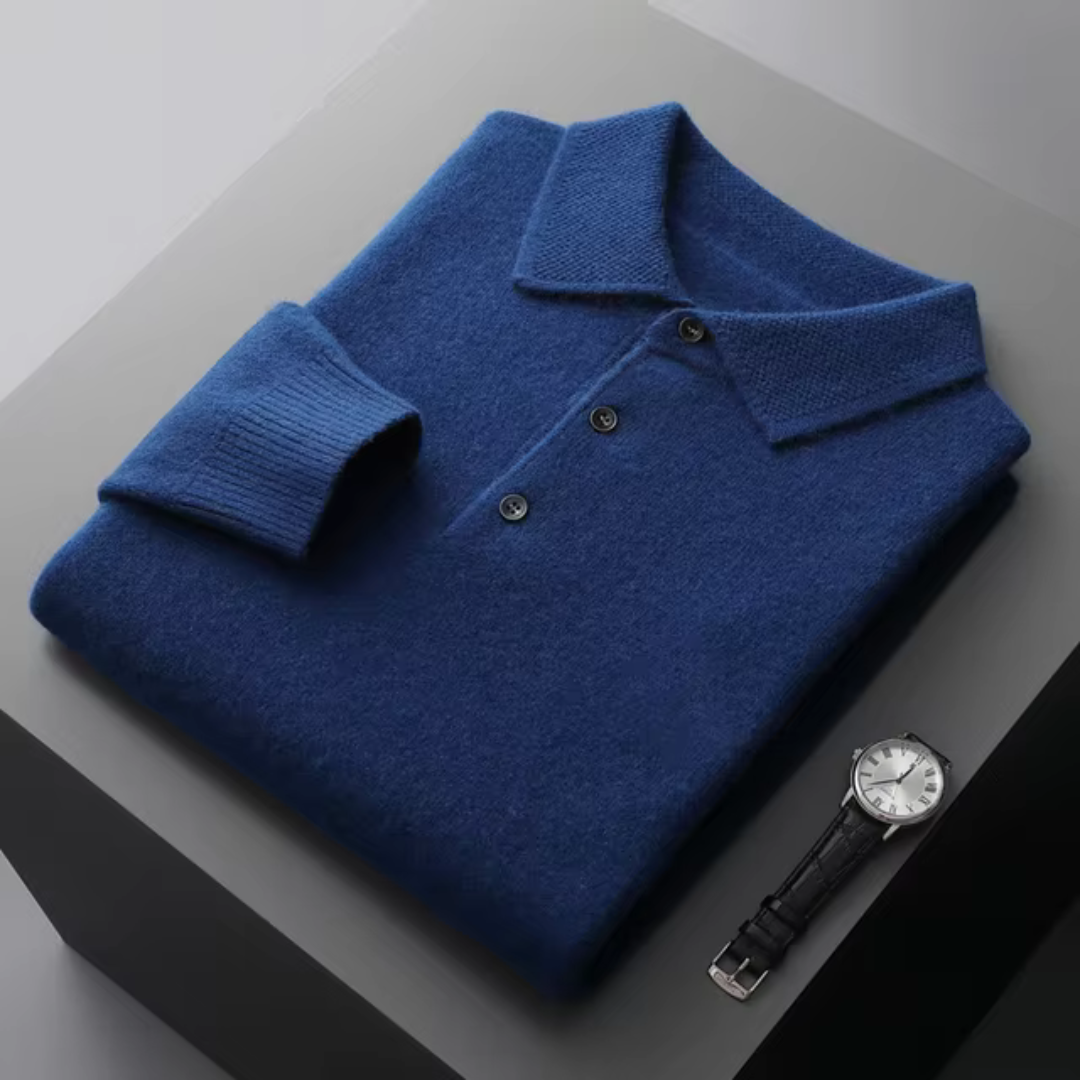 Men’s Polo Sweater – Merino Wool – Standard Fit – Button Placket – Ribbed Trim