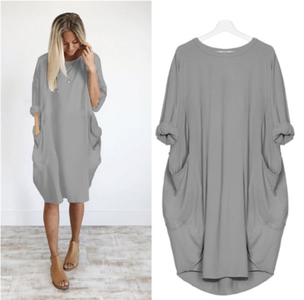 Women’s Midi Dress – Relaxed Fit – Breathable Blend – Round Neck – Side Pockets