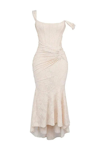 Women's Off-Shoulder Dress - Lace Texture - Fitted Bodice - Draped Sleeves Elegant Wear