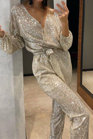 Pelita - bandage pailletten jumpsuit met v-hals