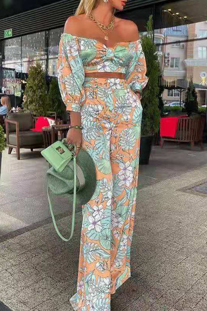 Women's floral off-shoulder top with wide leg pants set