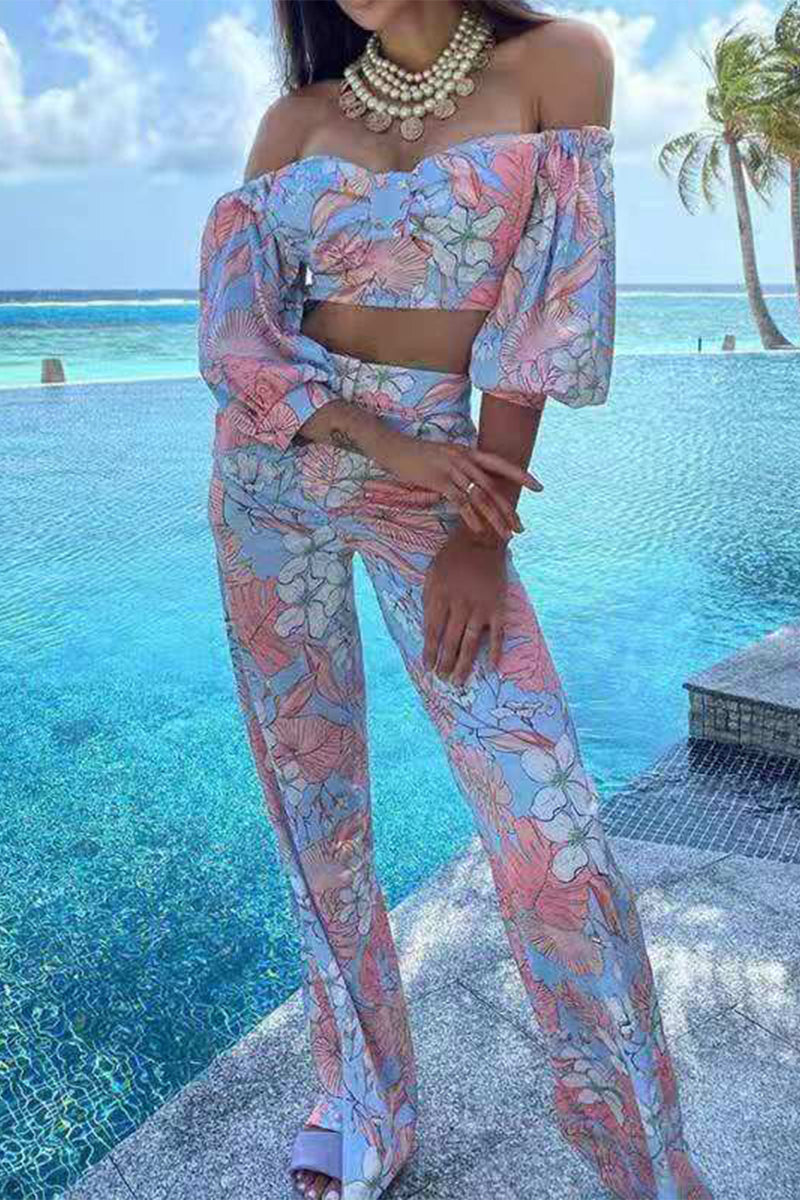 Women's floral off-shoulder top with wide leg pants set