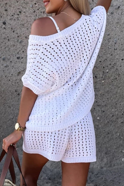 Women's Knit Two-Piece Set - Short Sleeve Loose Top & Elastic Waist Shorts - Breathable Casual Wear