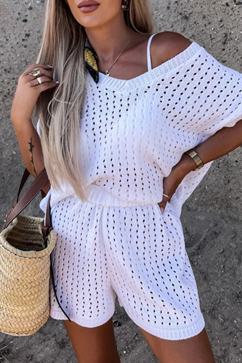 Women's Knit Two-Piece Set - Short Sleeve Loose Top & Elastic Waist Shorts - Breathable Casual Wear