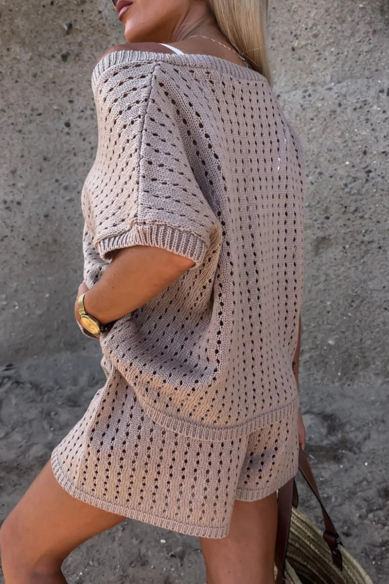 Women's Knit Two-Piece Set - Short Sleeve Loose Top & Elastic Waist Shorts - Breathable Casual Wear