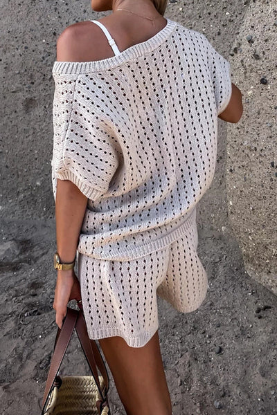 Women's Knit Two-Piece Set - Short Sleeve Loose Top & Elastic Waist Shorts - Breathable Casual Wear