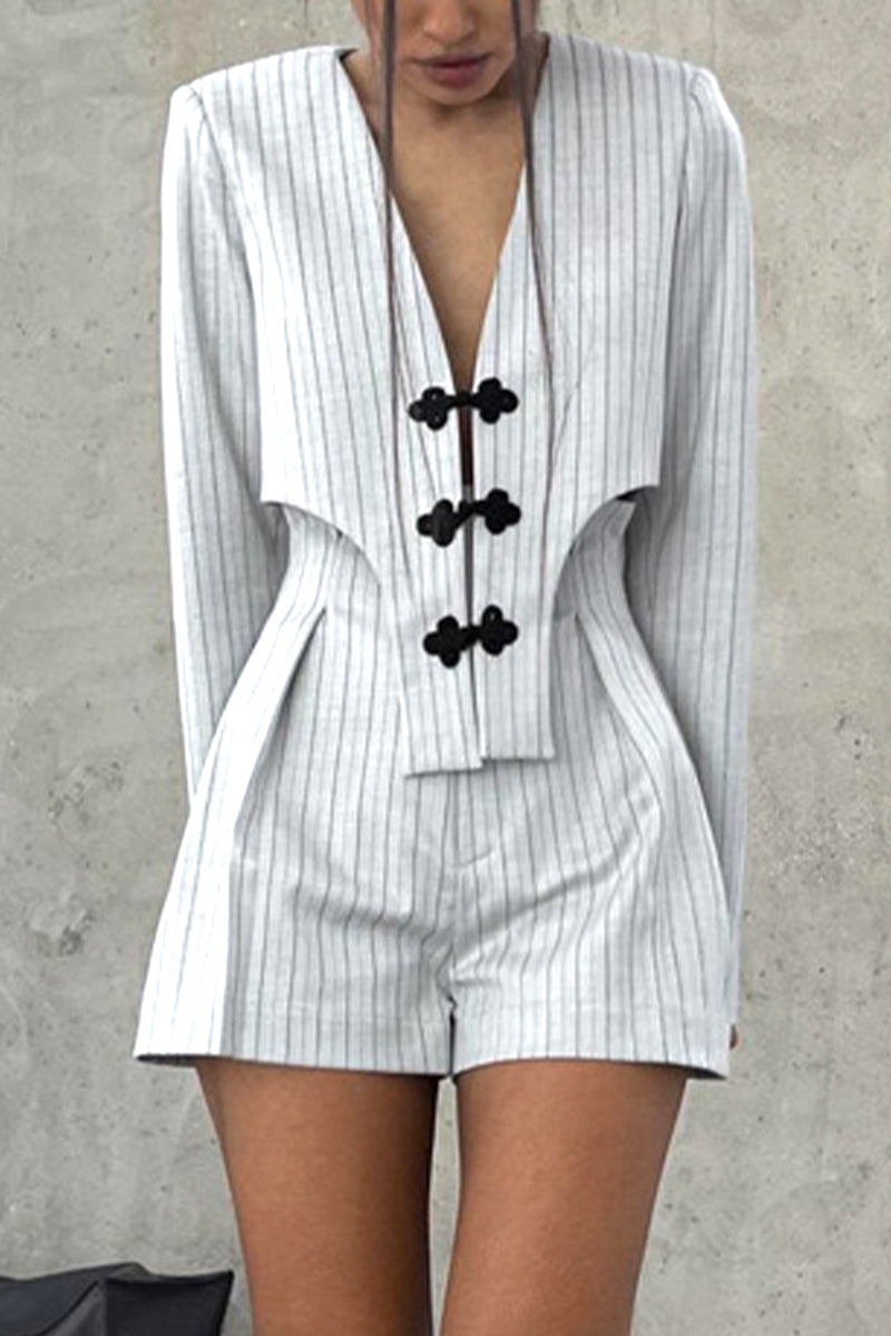 Womens long-sleeve deep V-neck top and high-waist striped shorts set