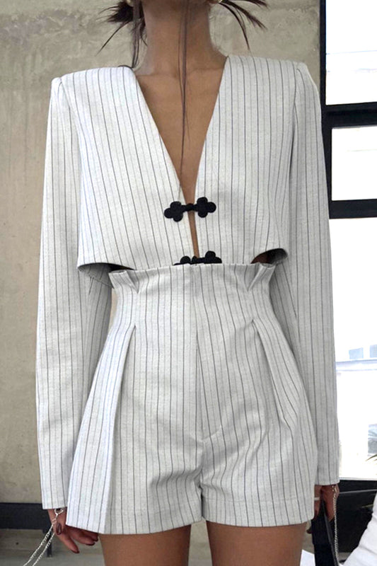 Women's Playsuit - Long Sleeve Deep V-Neck - Fitted Waist Pinstripe Romper