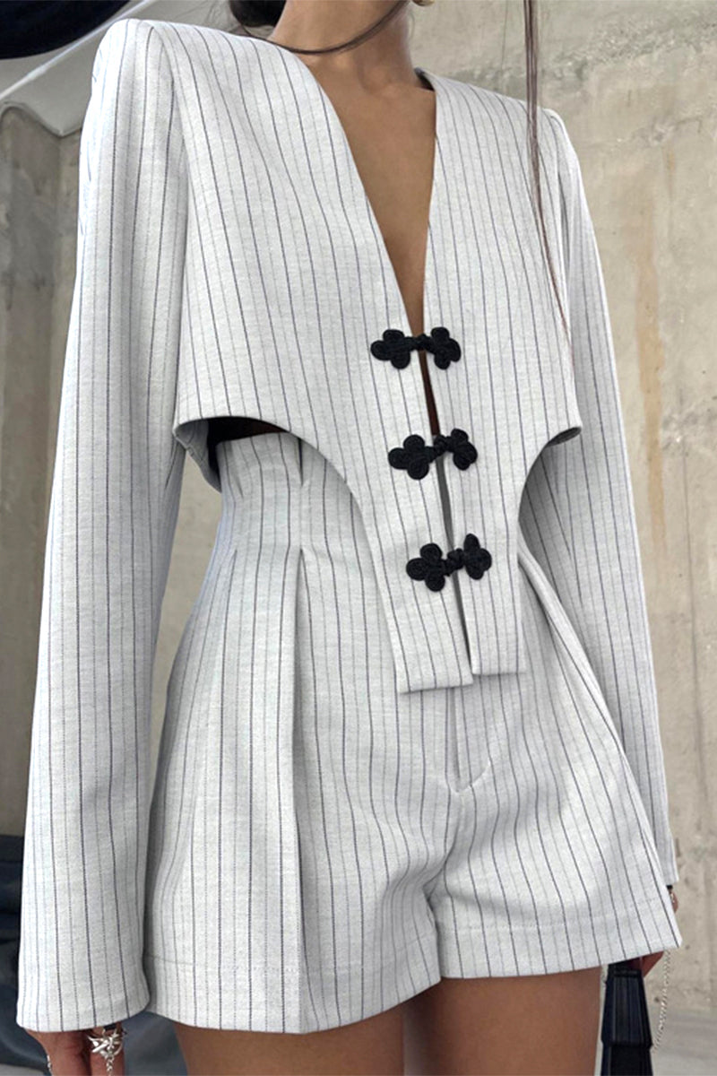 Women's Playsuit - Long Sleeve Deep V-Neck - Fitted Waist Pinstripe Romper