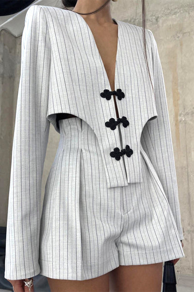 Women's Playsuit - Long Sleeve Deep V-Neck - Fitted Waist Pinstripe Romper