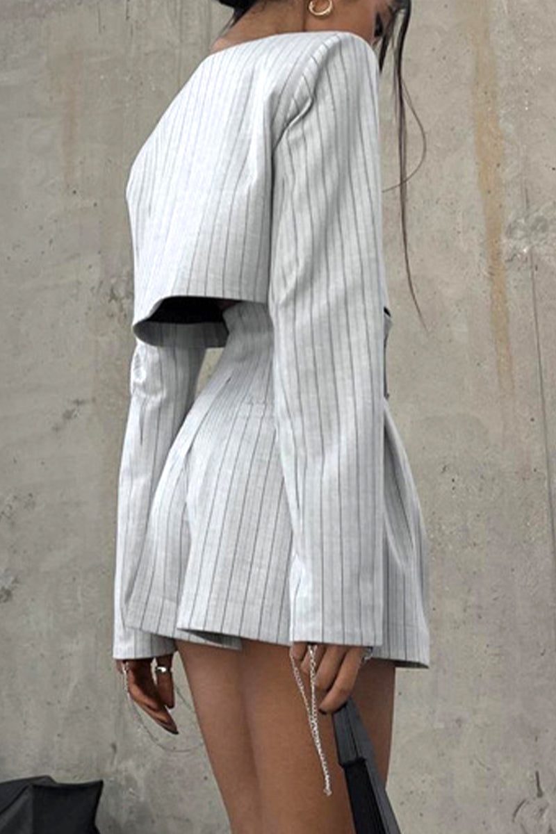 Women's Playsuit - Long Sleeve Deep V-Neck - Fitted Waist Pinstripe Romper