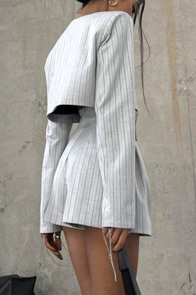 Women's Playsuit - Long Sleeve Deep V-Neck - Fitted Waist Pinstripe Romper