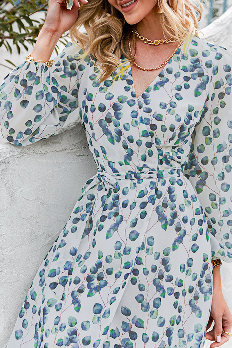 Women's Wrap Dress - V-Neck Long Sleeve - Tie Waist Leaf Print - Flowy Maxi Style