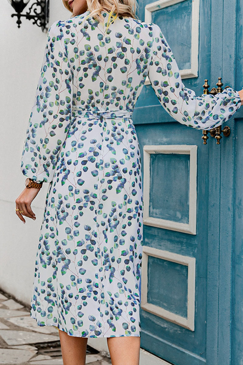 Women's Wrap Dress - V-Neck Long Sleeve - Tie Waist Leaf Print - Flowy Maxi Style