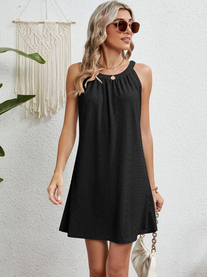 Women’s Mini Dress – Strapless A-Line – Eyelet Texture – Breathable Blend