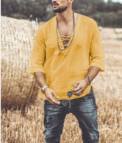 Men’s Casual Shirt – Relaxed Fit – Lace-Up V-Neck – 3/4 Sleeve – Lightweight Breathable