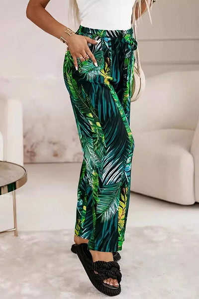 Women's Wide-Leg Trousers – High-Waisted – Elastic Waist with Tie – Flowy Casual Wear
