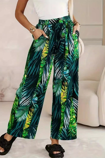 Women's Wide-Leg Trousers – High-Waisted – Elastic Waist with Tie – Flowy Casual Wear