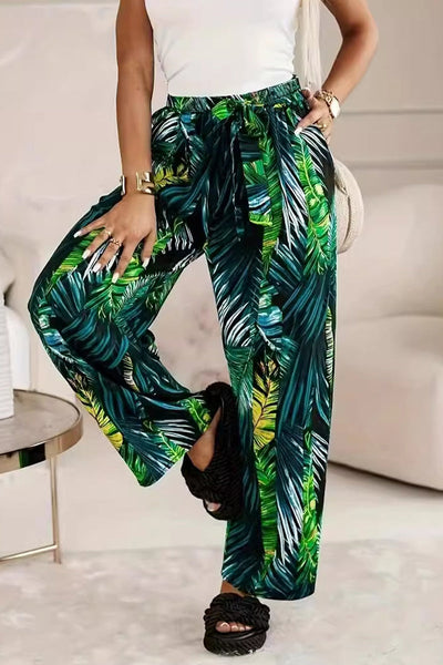 Women's Wide-Leg Trousers – High-Waisted – Elastic Waist with Tie – Flowy Casual Wear