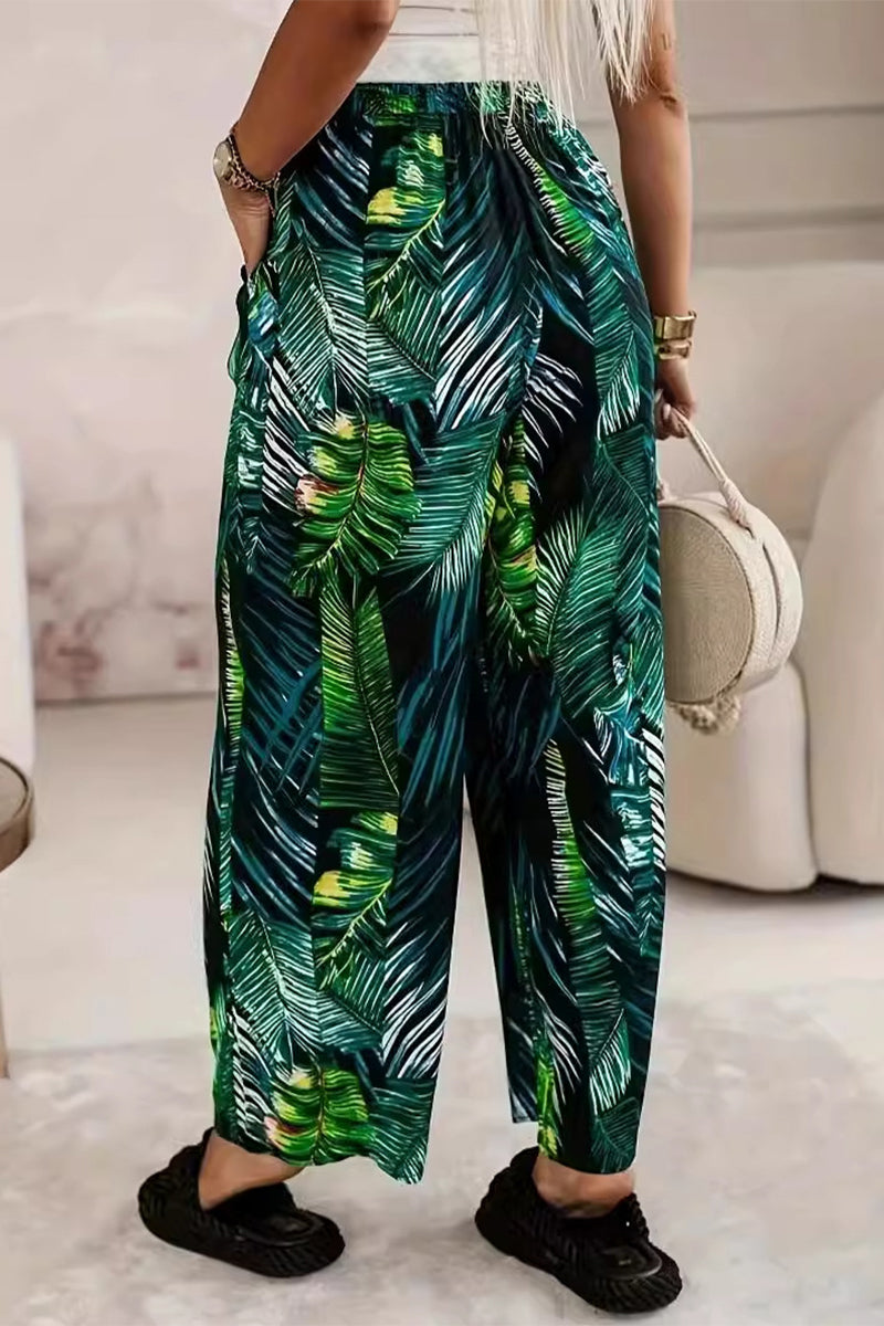 Women's Wide-Leg Trousers – High-Waisted – Elastic Waist with Tie – Flowy Casual Wear