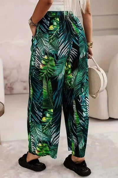 Women's Wide-Leg Trousers – High-Waisted – Elastic Waist with Tie – Flowy Casual Wear