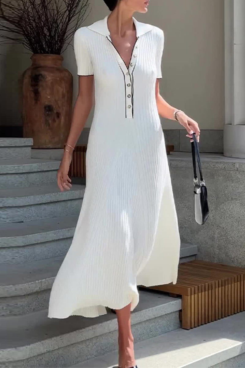 Women's Knitted Midi Dress - Ribbed Texture - A-Line Fit - V-Neck Button-Down