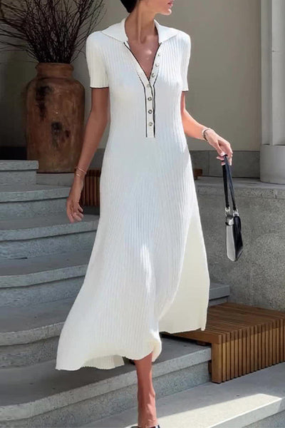 Women's Knitted Midi Dress - Ribbed Texture - A-Line Fit - V-Neck Button-Down