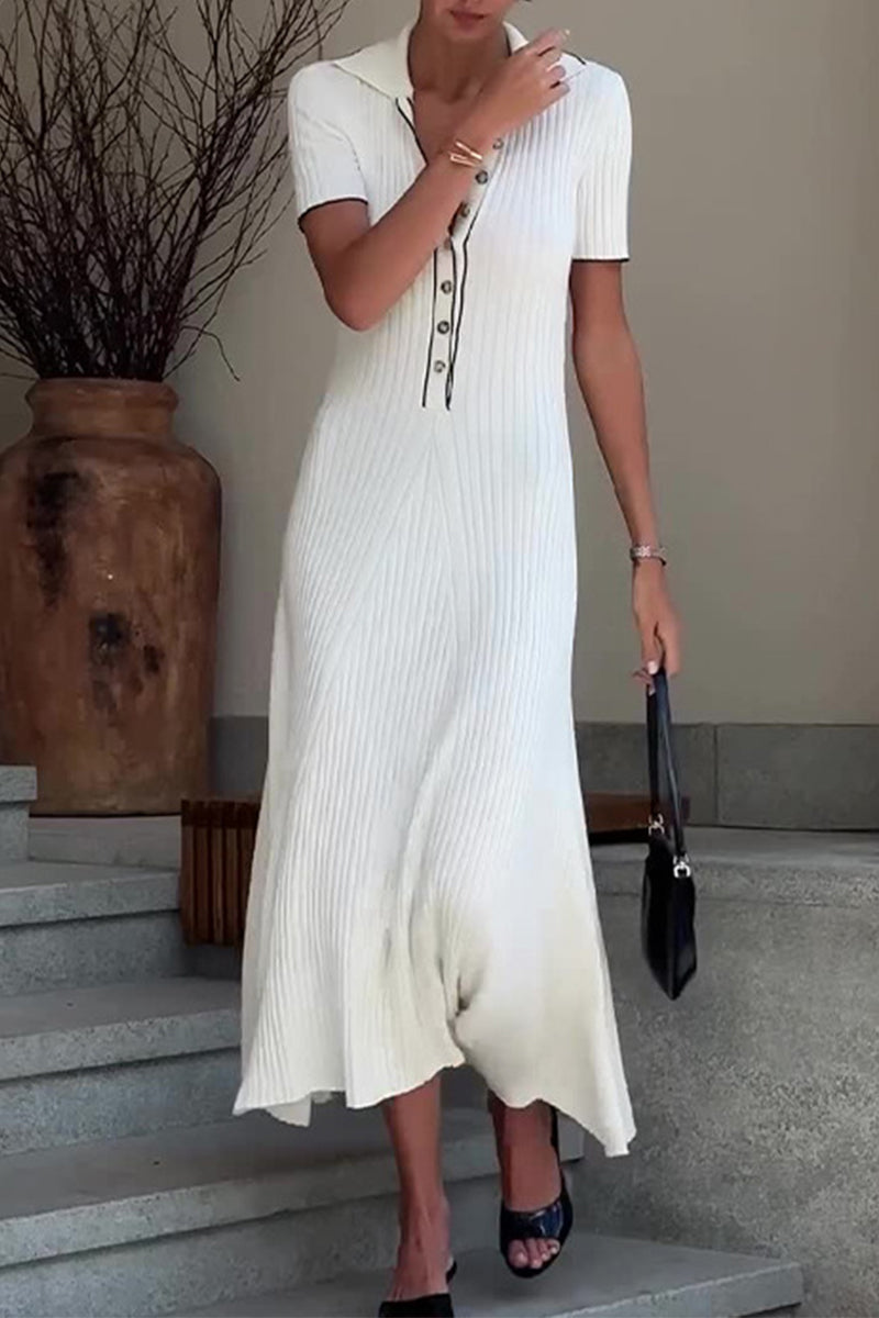 Women's Knitted Midi Dress - Ribbed Texture - A-Line Fit - V-Neck Button-Down