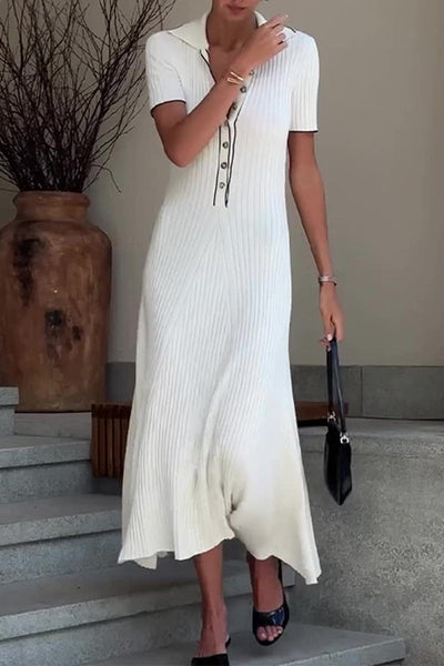 Women's Knitted Midi Dress - Ribbed Texture - A-Line Fit - V-Neck Button-Down