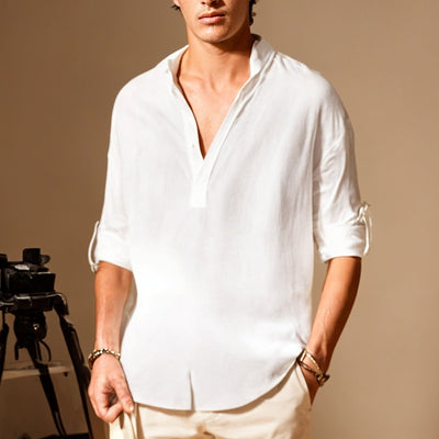 Men’s Casual Shirt – Natural Fibers – Relaxed Fit – Rolled Sleeve – Narrow Collar