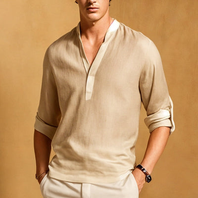 Men’s Casual Shirt – Natural Fibers – Relaxed Fit – Rolled Sleeve – Narrow Collar