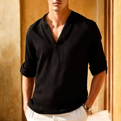 Men’s Casual Shirt – Natural Fibers – Relaxed Fit – Rolled Sleeve – Narrow Collar