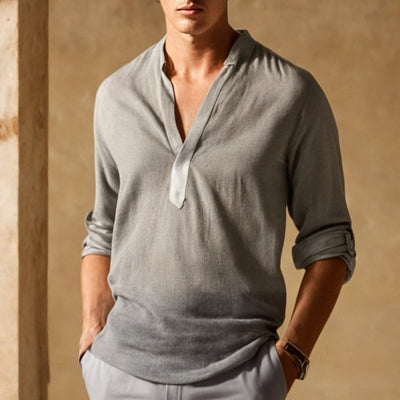 Men’s Casual Shirt – Natural Fibers – Relaxed Fit – Rolled Sleeve – Narrow Collar