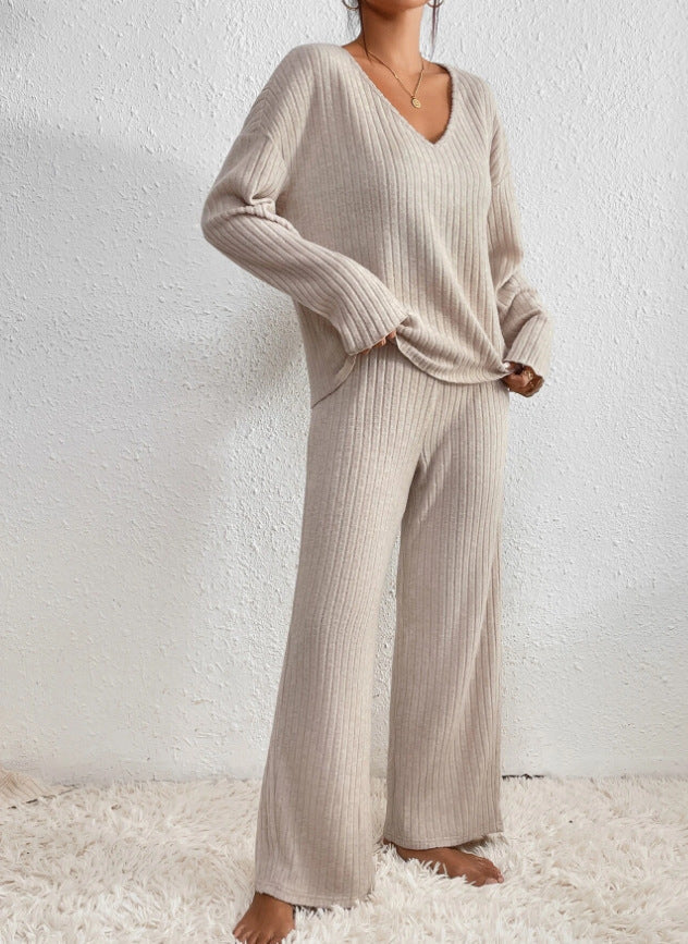 Women's Ribbed Knit Loungewear Set - V-Neck Sweater & Wide-Leg Trousers - Soft Stretch Fabric