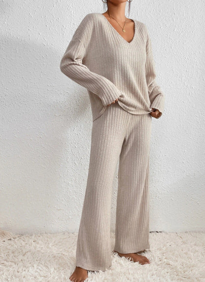 Women's Ribbed Knit Loungewear Set - V-Neck Sweater & Wide-Leg Trousers - Soft Stretch Fabric