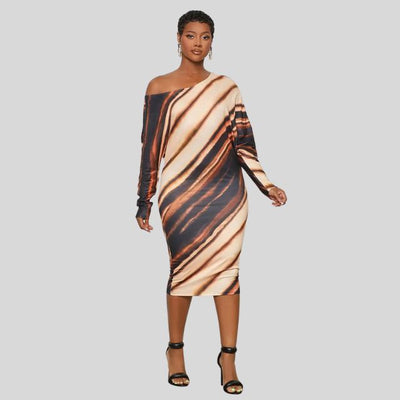 Women's Bodycon Midi Dress - Off-Shoulder Asymmetrical Neckline - Long Sleeve Elegant Fit