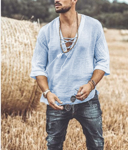 Men’s Casual Shirt – Relaxed Fit – Lace-Up V-Neck – 3/4 Sleeve – Lightweight Breathable