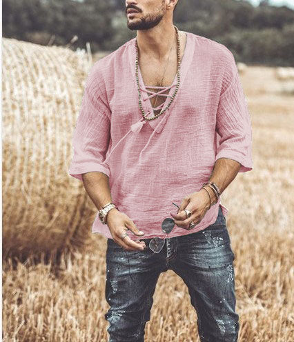 Men’s Casual Shirt – Relaxed Fit – Lace-Up V-Neck – 3/4 Sleeve – Lightweight Breathable