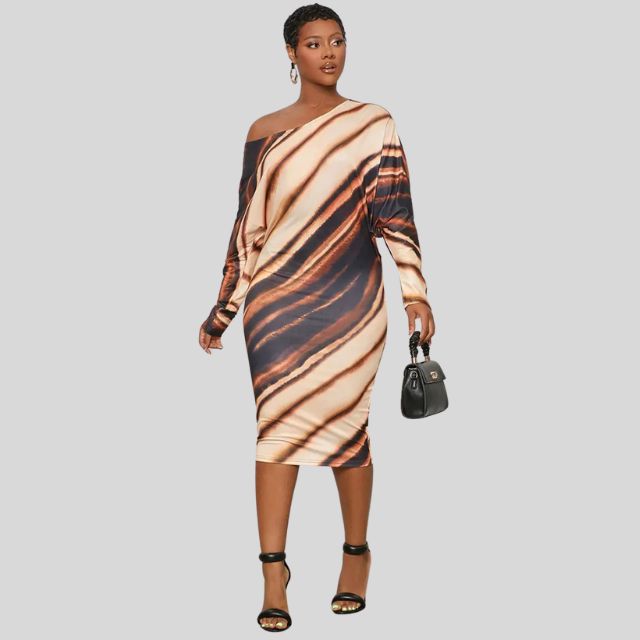 Women's Bodycon Midi Dress - Off-Shoulder Asymmetrical Neckline - Long Sleeve Elegant Fit