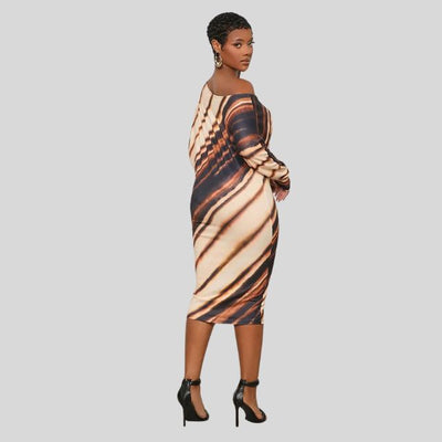 Women's Bodycon Midi Dress - Off-Shoulder Asymmetrical Neckline - Long Sleeve Elegant Fit