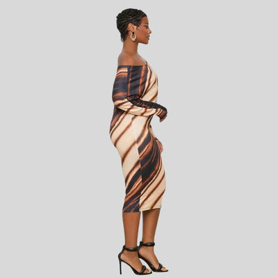 Women's Bodycon Midi Dress - Off-Shoulder Asymmetrical Neckline - Long Sleeve Elegant Fit