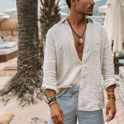 Men’s Long Sleeve Shirt – Cotton Linen Blend – Relaxed Fit – Button-Up Casual Wear