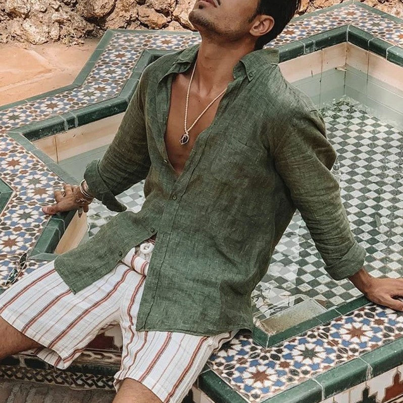 Men’s Long Sleeve Shirt – Cotton Linen Blend – Relaxed Fit – Button-Up Casual Wear