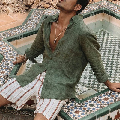 Men’s Long Sleeve Shirt – Cotton Linen Blend – Relaxed Fit – Button-Up Casual Wear