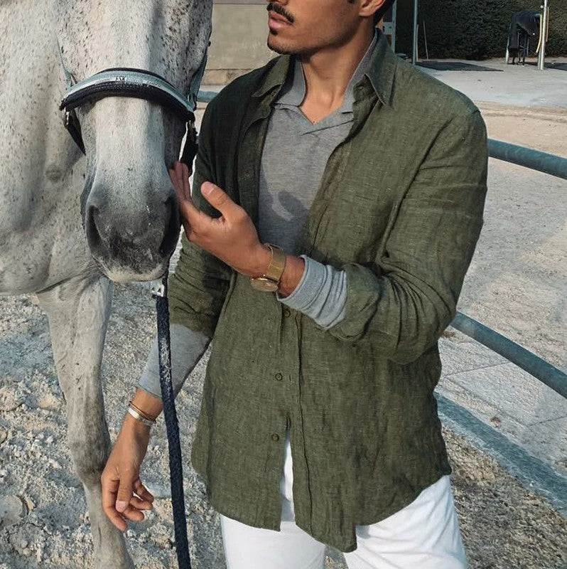 Men’s Long Sleeve Shirt – Cotton Linen Blend – Relaxed Fit – Button-Up Casual Wear